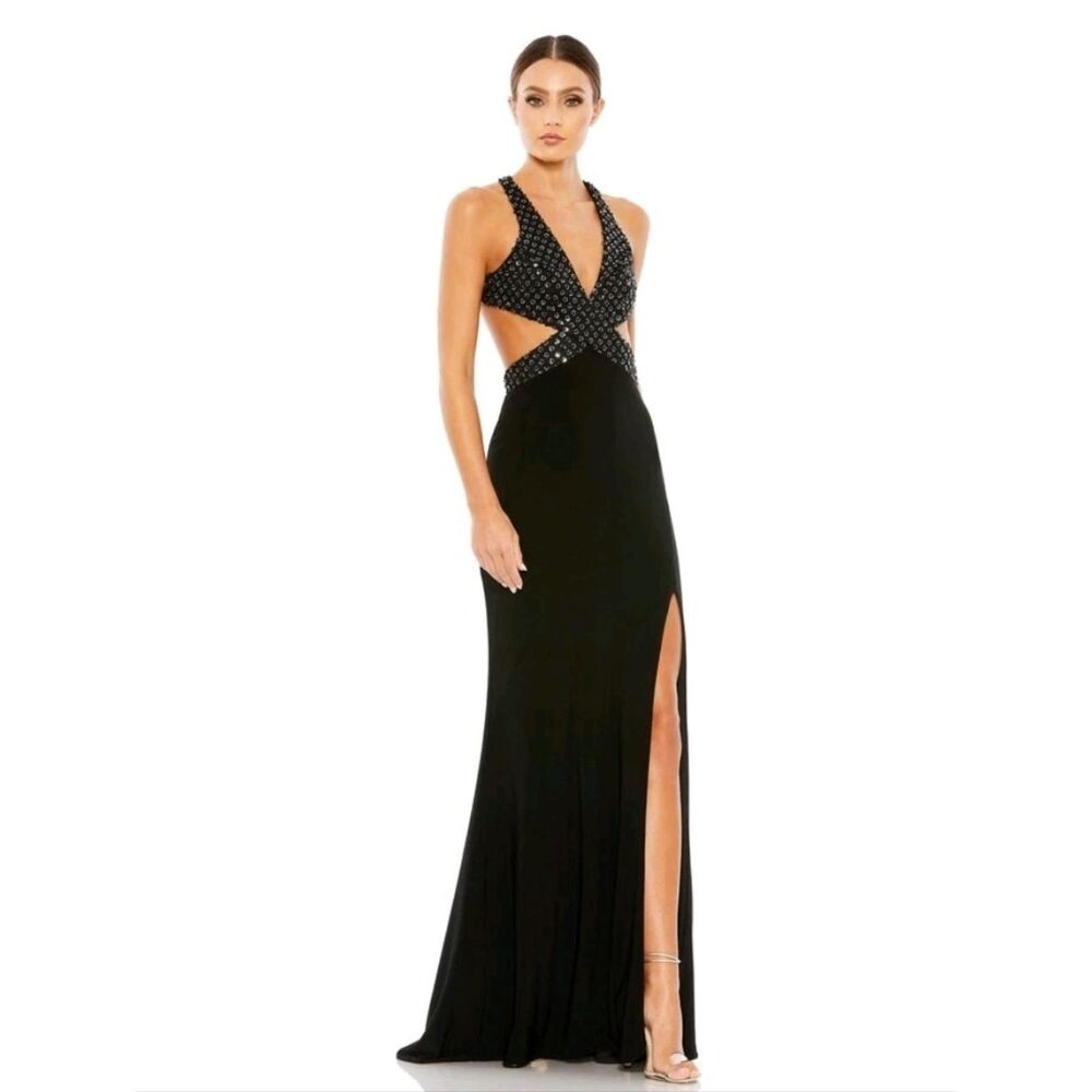 Mac Duggal Black Crystal-Halter Studded Cutout Evening Gown SIZE 10 NWT 68166